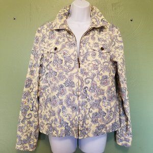 CHARTER CLUB Yellow/Blue Paisley-Zipper-Pockets Jean Jacket Women's L Large EUC!
